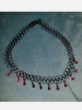 Set of 3 Black Tattoo Style Chokers Red Crystal Dangle Y2K Goth Stretch Necklace